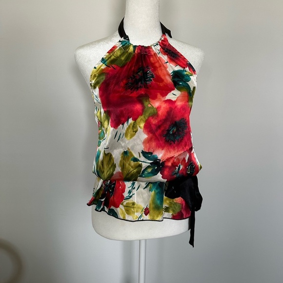 A. Byer Satin Floral Halter Top with Peplum Hem Small Festival Spring Summer Top - Picture 5 of 6